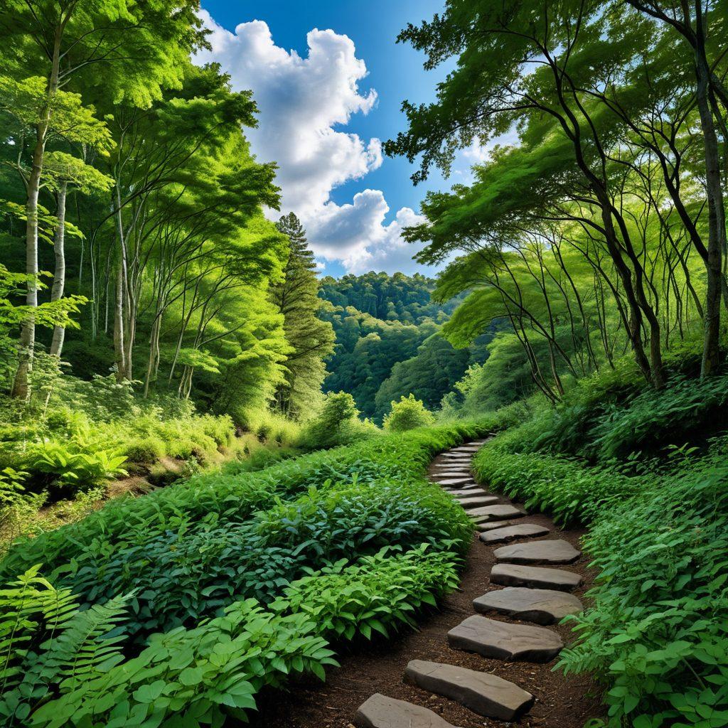 A serene landscape featuring a person walking a winding path through a lush green forest, symbolizing exploration and balance. Along the path, icons representing lifestyle tips like healthy eating, mindfulness, and fitness are subtly integrated into the environment, like floating leaves or stones. The sky is a calming blue with soft, fluffy clouds. The overall atmosphere conveys peace and inspiration. vibrant colors. super-realistic.