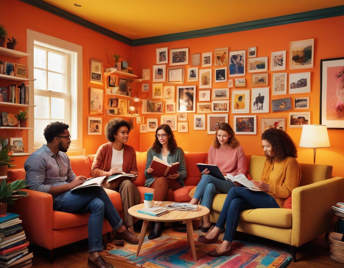 A vibrant collage of diverse individuals sharing personal anecdotes, surrounded by lifestyle tips, books, and digital devices. The setting features a cozy workspace with elements of blogging, creativity, and consumerism intertwined. Soft lighting enhances the warm, inviting atmosphere, while visual representations of insights like graphs and thought bubbles float around. super-realistic. vibrant colors. cozy setting.