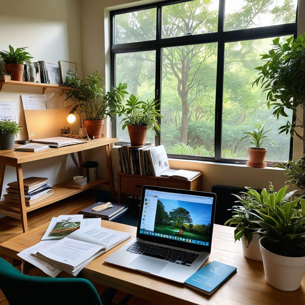 A serene workspace featuring an open laptop with an article on balanced living, surrounded by plants and wellness books. A cup of herbal tea and a notepad with brainstorming sketches add to the vibe. Soft natural light streaming in through a window to evoke a calm, productive atmosphere. Illustrate diverse people engaged in various activities like yoga, reading, and journaling in the background. vibrant colors. super-realistic.